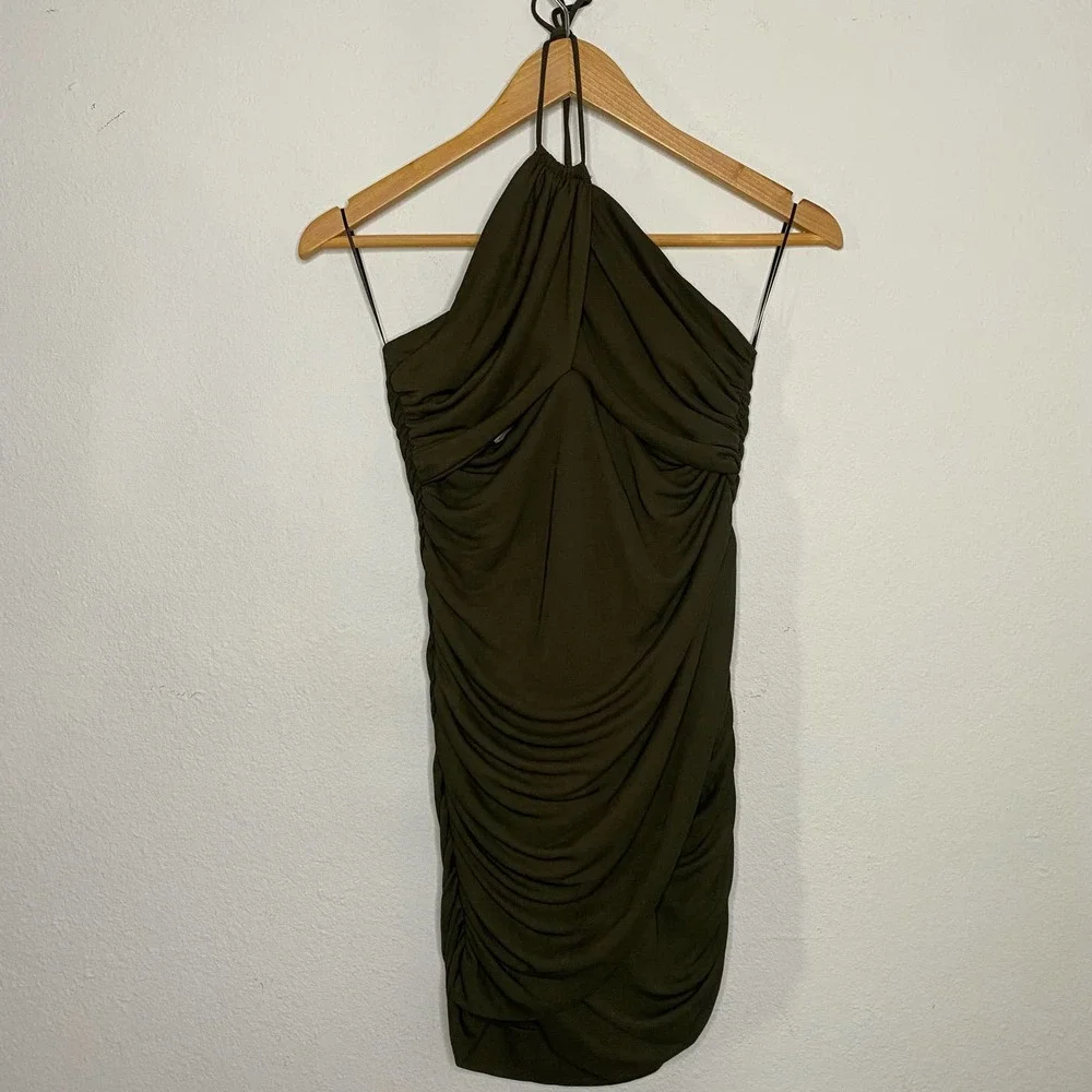 Zara Draped Cut Out Dress Bodycon Halter Neck Dark Khaki M NWT - Picture 3 of 5